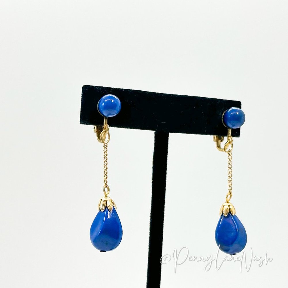 Vintage Bright Bue Dangle Beads Drop Earrings - Picture 2 of 7